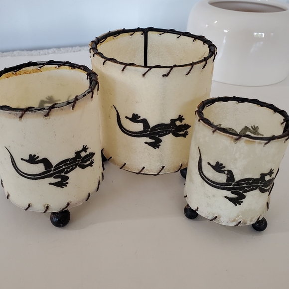Raw Cowhide Set Of 3 Lizard Candle Holders Brown Metal Frames Southwestern Boho - Picture 1 of 12